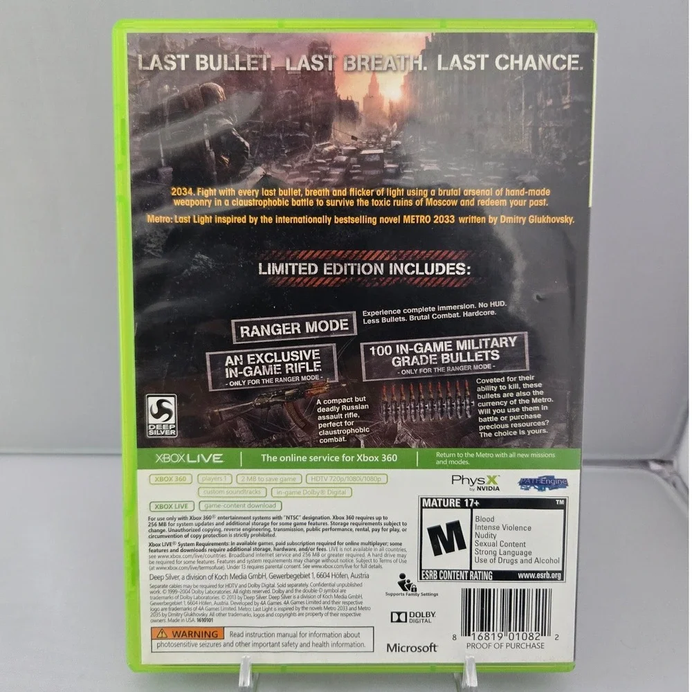 Metro: Last Light Limited Edition‎ - Xbox 360 - CIB W/ Manual & Inserts Tested